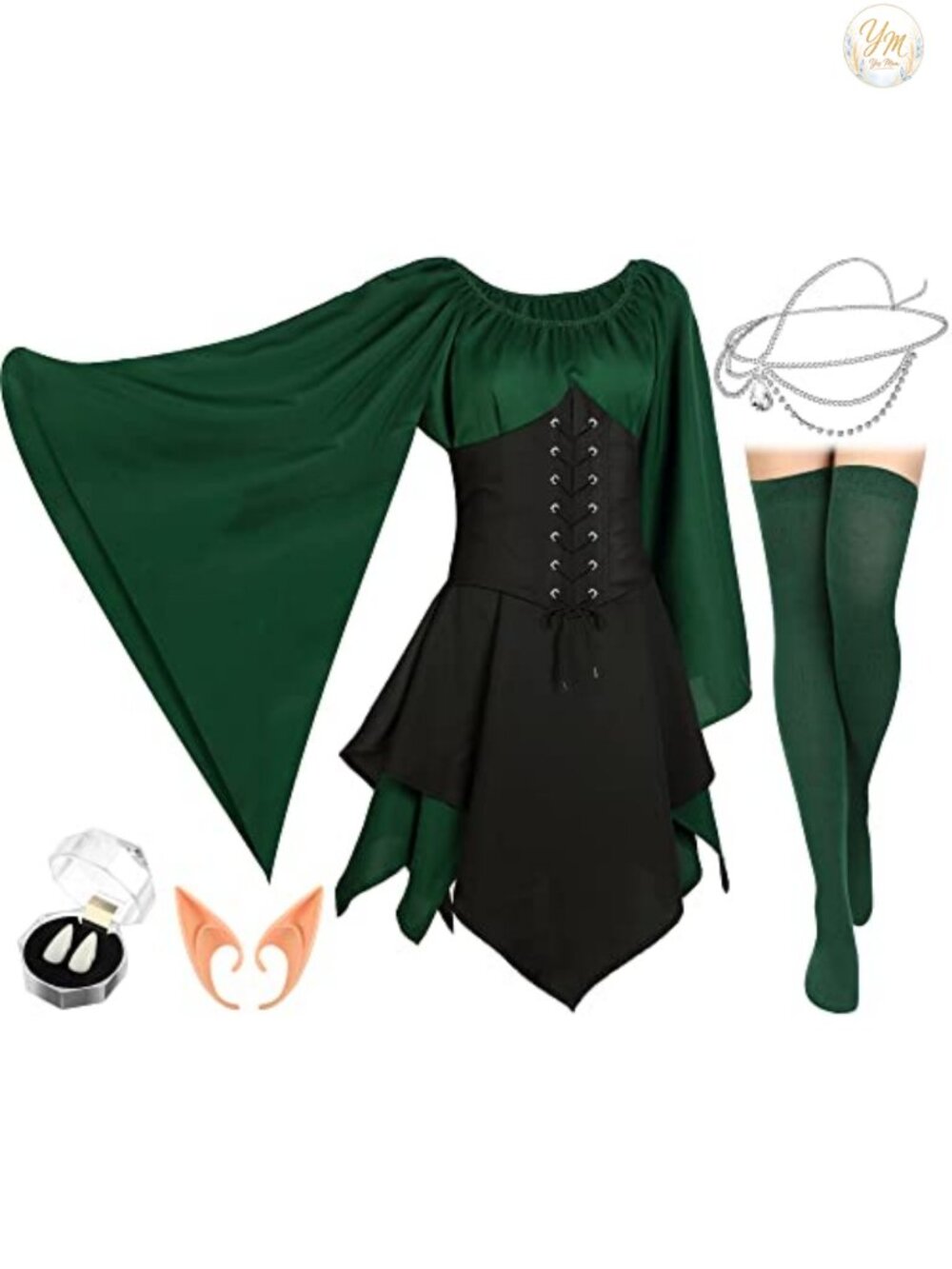 Renaissance Medieval Costume Set Women Cosplay Dress Latex Ears Headband